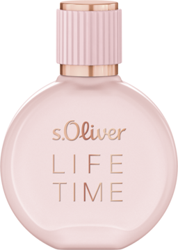 s.Oliver Life Time woda toaletowa w okrągłej, bladoróżowej butelce z ryflowaną zakrętką, widok z przodu.