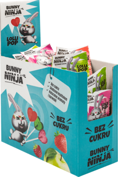 Bunny Ninja Lolli Pop bez cukru display box z lizakami truskawkowymi i jabłkowymi, postacią królika.