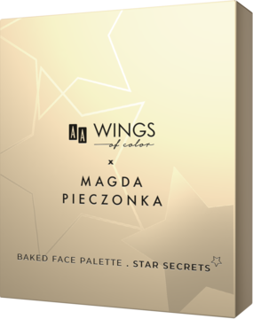Złota paleta do konturowania AA Wings of Color Star Secrets z logo i wzorem gwiazd, widok pod kątem.