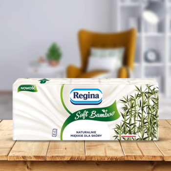 Chusteczki higieniczne 4-warstwowe Regina Soft Bamboo, białe opakowanie z bambusem. Miękkie dla skóry, widok z przodu.