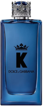 Granatowy flakon perfum męskich Dolce & Gabbana K EDP, z bogato zdobioną srebrną koroną na korku, widok z przodu.