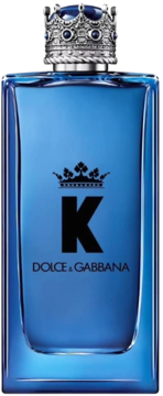 Dolce & Gabbana K Eau de Parfum, męskie perfumy w niebieskiej butelce z koroną i literą K, widok z przodu.