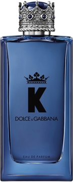 Dolce & Gabbana K Eau de Parfum: niebieska butelka z królewską, srebrną nakrętką w kształcie korony, widok z przodu.
