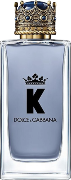 K by Dolce & Gabbana EDT, butelka z niebieskawym płynem, czarne logo K i zdobioną złotą koroną.