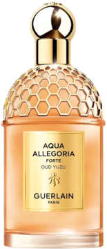 Bursztynowa butelka Guerlain Aqua Allegoria Forte Oud Yuzu ze złotą nakrętką i dekorem plastra miodu, widok z przodu.