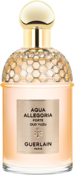 Bursztynowy flakon Guerlain Aqua Allegoria Forte Oud Yuzu, z miodowym wzorem i złotą nakrętką, widok z przodu.