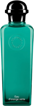 Szmaragdowa butelka Hermes Eau d'Orange Verte, czarna nakrętka, wytłoczone logo. Widok z przodu.