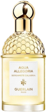 Guerlain Aqua Allegoria Bergamote Calabria, woda toaletowa w szklanej butelce z miodowym wzorem i złotym korkiem.