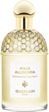 Guerlain Aqua Allegoria Bergamote Calabria: butelka z przezroczystego szkła, złotym korkiem i plastrem miodu, widok z przodu.