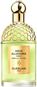 Guerlain Aqua Allegoria Forte Nerolia Vetiver, zielony flakon z pszczelim wzorem i złotą etykietą, widok z przodu.