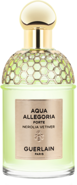 Guerlain Aqua Allegoria Forte Nerolia Vetiver, jasnozielony flakon z miodowym wzorem i złotą nakrętką, widok z przodu.