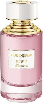 Boucheron Rose d'Isparta, flakon perfum z różowym płynem, złotymi detalami i białą etykietą, widok z przodu.