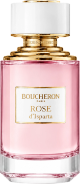 Boucheron Rose d'Isparta perfumy w różowej butelce, biała nakrętka i złote detale, widok z przodu.