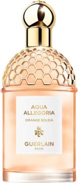 Guerlain Aqua Allegoria Orange Soleia EDT. Butelka z pomarańczowym płynem, złotym korkiem, faktura plastra miodu.