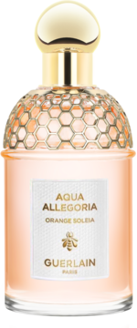 Woda toaletowa Aqua Allegoria Orange Soleia Guerlain. Butelka z pomarańczowym płynem, złotym korkiem i detalami plastra miodu z pszczołą.