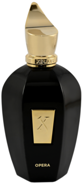 Xerjoff Opera woda perfumowana unisex. Czarna butelka ze złotą, fasetowaną nakrętką i detalem 'X'.