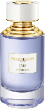 Boucheron Iris de Syracuse Eau de Parfum w liliowej butelce z białą etykietą i złotymi detalami, widok z przodu.