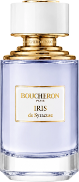 Boucheron Iris de Syracuse EDP, szklana butelka z fioletowym płynem, złotą etykietą i białą zakrętką, widok z przodu.