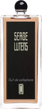 Perfumy Serge Lutens Nuit De Cellophane, flakon z czarnej etykiety ze złotym napisem, widok z przodu.