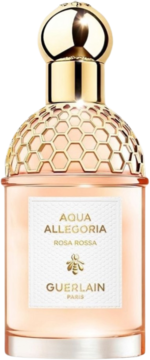 Guerlain Aqua Allegoria Rosa Rossa, butelka damskiej wody toaletowej z różowym płynem i złotym dekorem plastra miodu.