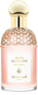 Różowa woda toaletowa Guerlain Aqua Allegoria Rosa Rossa. Szklana butelka ze złotym korkiem i detalami o strukturze plastra miodu.