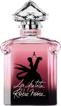 Guerlain La Petite Robe Noire Intense, różowy flakon perfum z czarną sylwetką sukienki i rzeźbionym korkiem, widok z przodu.