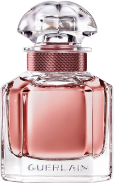 Mon Guerlain Intense, woda perfumowana w szklanej butelce z różowym płynem, różowo-złotą opaską i fasetowanym korkiem.