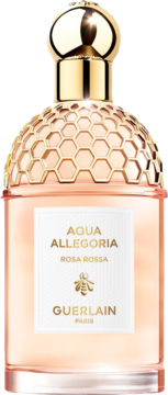 Guerlain Aqua Allegoria Rosa Rossa, różowa woda toaletowa w butelce ze złotym wieczkiem i wzorem plastra miodu.