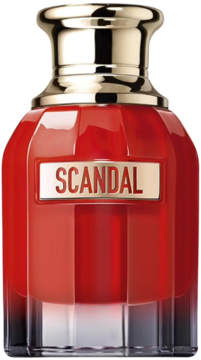 Damska woda perfumowana Jean Paul Gaultier Scandal Le Parfum w czerwonej butelce ze złotą etykietą, widok z przodu.