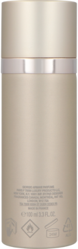 Złota butelka perfum Giorgio Armani Emporio Femme 100 ml, widok z tyłu z opisem producenta i symbolami.