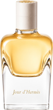Hermes Jour d'Hermes Eau de Parfum, szklana butelka ze złotym płynem i białym korkiem, widok przodem.