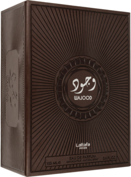 Ciemnobrązowe, teksturowane pudełko perfum Lattafa Pride Wajood EDP, z napisem w języku arabskim na froncie.