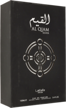 Czarne pudełko perfum Al Qiam Silver Lattafa, stojące, ze srebrnym napisem i okrągłym wzorem, widok z przodu.