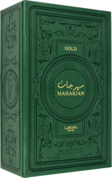 Ciemnozielone opakowanie wody perfumowanej Lattafa Maharajan Gold, zdobione złotymi tłoczeniami, widok z przodu.