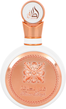 Perfumy Lattafa Fakhar dla kobiet, biała butelka z różowo-złotym zdobieniem i napisem, widok z przodu.