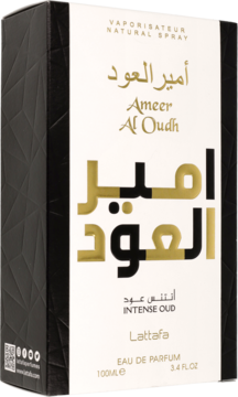 Pionowe opakowanie perfum Lattafa Ameer Al Oudh Intense Oud EDP 100ml, czarno-złote z białym panelem.