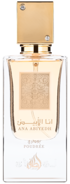 Perfumy Ana Abiydh Poudrée Lattafa, złota butelka o pudrowym zapachu z arabskim napisem, widok z przodu.