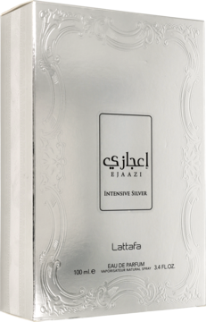 Srebrne pudełko Lattafa Ejaazi Intensive Silver Eau de Parfum 100ml, z ozdobnymi wytłoczeniami, widok z przodu.