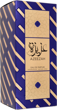 Orientalne perfumy Lattafa Azeezah Eau de Parfum w granatowo-złotym pudełku z arabskim wzorem, ujęcie pod kątem.