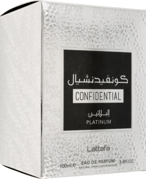 Lattafa Confidential Platinum Cologne, srebrne, teksturowane pudełko perfum z czarną etykietą, widok z przodu pod kątem.