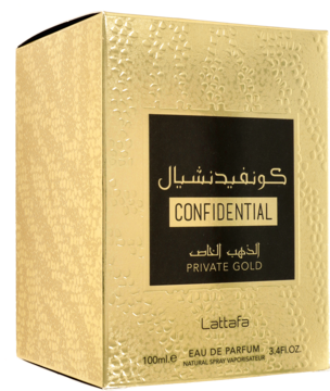 Złote perfumy Lattafa Confidential Private Gold w eleganckim, teksturowanym pudełku, widok z przodu.