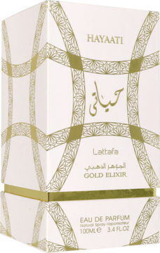 Lattafa Hayaati Gold Elixir, woda perfumowana w białym pudełku ze złotym wzorem, widok pod kątem.