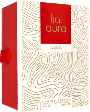 Białe pudełko perfum Lattafa Aura 60ml ze złotymi wzorami i czerwonym panelem, widok z przodu z boku.