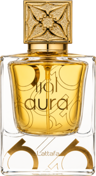 Woda perfumowana Lattafa Aura w przezroczystym flakonie, złoty płyn, zdobiony złoty korek, widok z przodu.