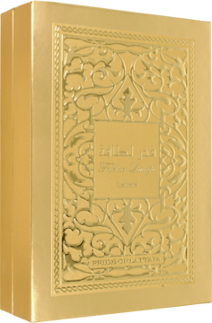 Złote pudełko perfum Lattafa Fakhar Extrait z ozdobnym tłoczeniem, widok przód/bok, przypomina starą księgę.