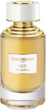 Boucheron Oud de Carthage w eleganckim złotym flakonie z białą etykietą i korkiem, pełny widok z przodu.