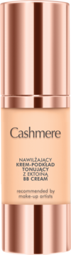 Cashmere nawilżający krem BB Nude Beige w eleganckiej butelce z miedzianą zakrętką i podstawą, widok z przodu.