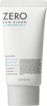 Biała tubka Rom&nd Zero Sun Clean 01 Fresh SPF50+ PA++++. Na froncie lista bez niepożądanych składników.