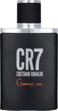 Czarna, matowa butelka wody toaletowej Cristiano Ronaldo CR7 Game On z białym i pomarańczowym napisem, widok z przodu.