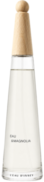 Issey Miyake Magnolia Intense Eau de Toilette, butelka z przejrzystego szkła z drewnianym korkiem, z przodu.